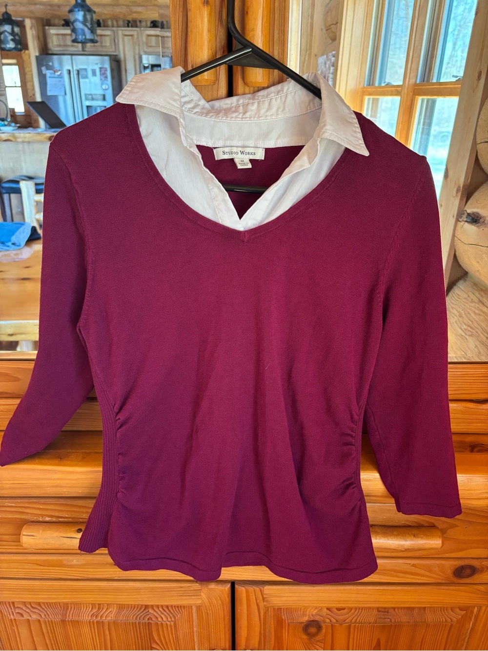 Studio Works Plum V-Neck Layered Look Sweater Top with White Collar
